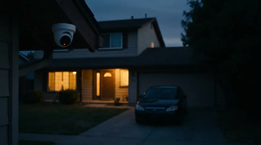 A home at dusk with a small security camera under the eaves