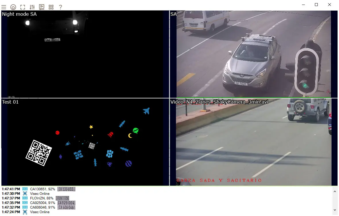 The real VISEC window: four camera views above a live plate log listing each read with its time and confidence